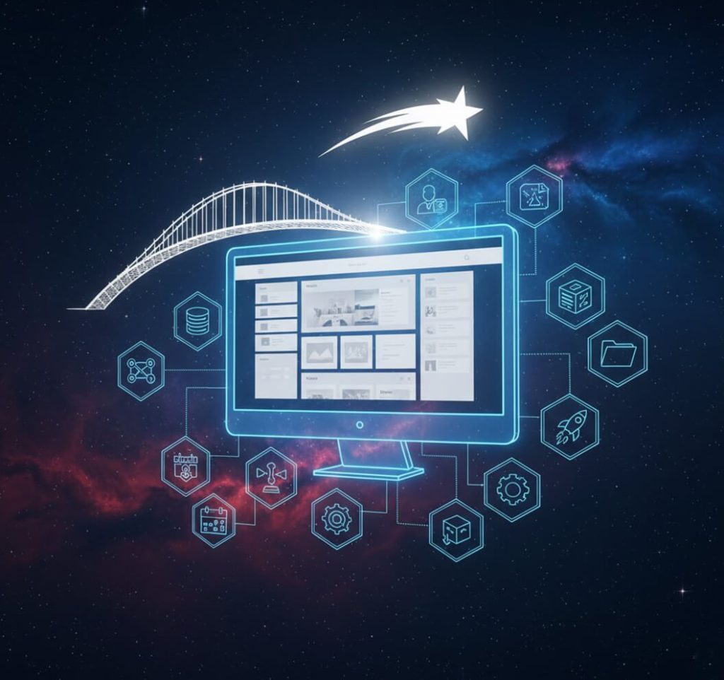 Gemini said A glowing digital monitor displaying a website interface floats in deep space, surrounded by interconnected hexagonal icons representing data, settings, and media, while a stylized bridge and shooting star arc overhead.