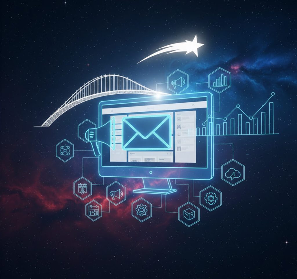 A series of futuristic digital monitors displaying web layouts, data analytics dashboards, and email marketing interfaces float in deep space, accompanied by a glowing suspension bridge, a shooting star, and holographic icons representing coding, design, and optimization.